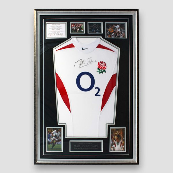 England Rugby 2003 World Cup shirt signed by Martin Johnson above O2 Logo