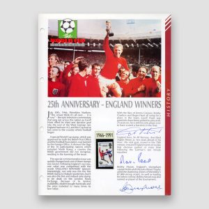 Autographed World Cup 1966 Football Masterfile Page, Bobby Moore, Geoff Hurst, Martin Peters