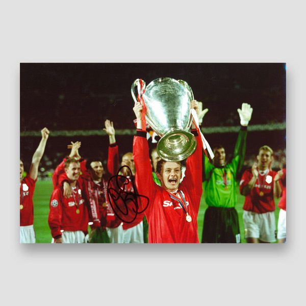 Solskjaer Signed Manchester United Celebrating with European Cup Action Photo Print