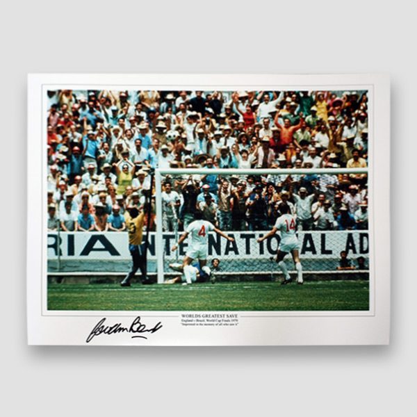Gordon Banks Signed A3 Print, 1970 England v Brazil World Cup Finals ‘Worlds Greatest Save’