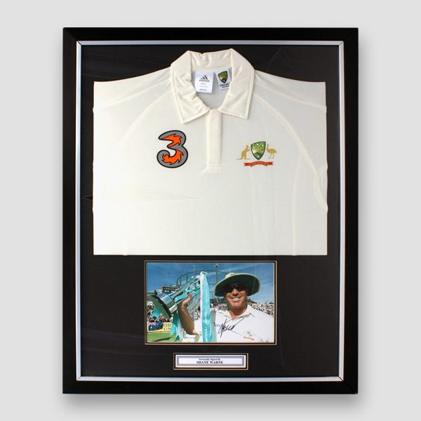 Shane Warne Signed Picture Framed with an Australia Cricket Team Ashes Shirt 2006