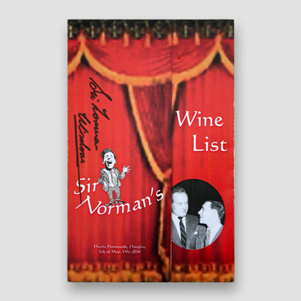 Sir Norman Wisdom Signed Wine List from Sir Norman’s Bar at Sefton Hotel, Isle of Man Sir Norman Wisdom Signed Wine List from Sir Norman’s Bar at Sefton Hotel, Isle of Man