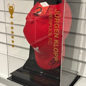 Red Liverpool Cap Personally Signed by Jurgen Klopp in Display Case