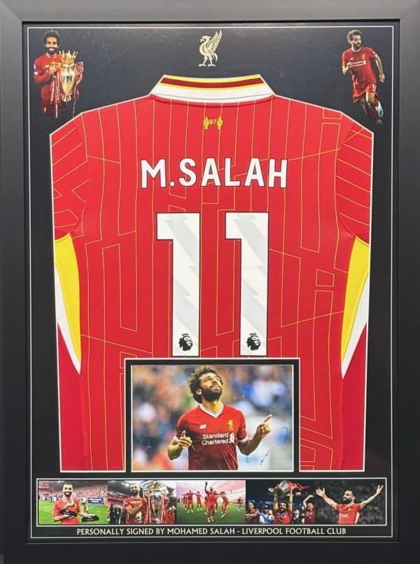 Liverpool Premiership Winners Football Montage Signed by Mo Salah, Professionally Framed