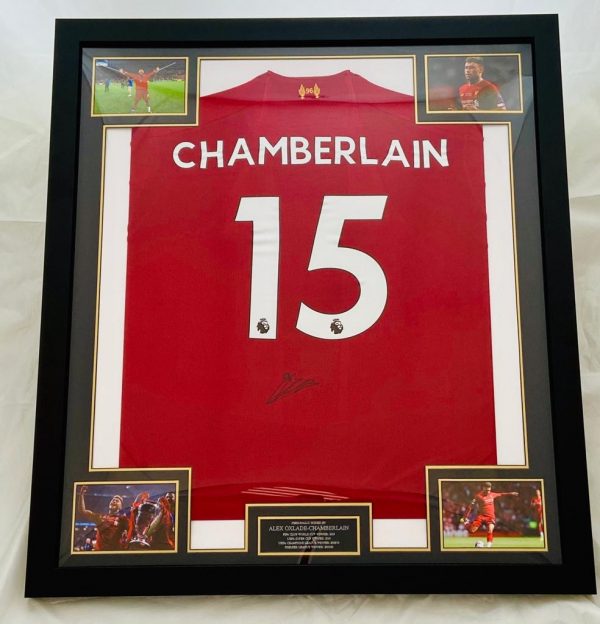 Champions Liverpool Home Football Shirt signed by Oxlade-Chamberlain Framed
