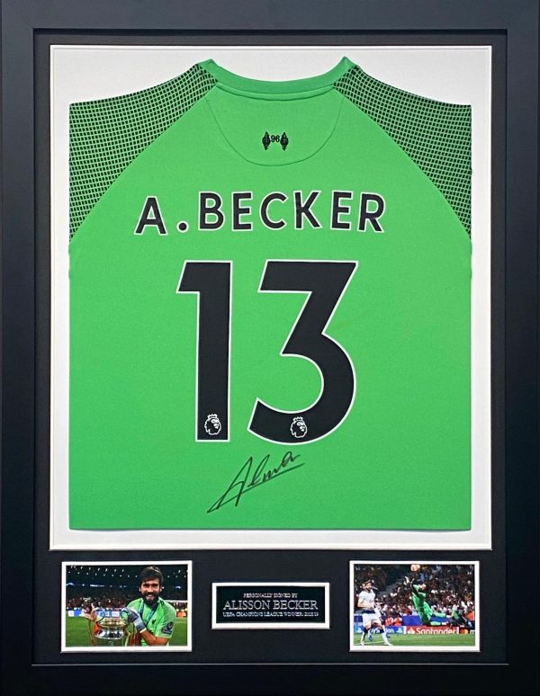 Liverpool FC  Champions League Green Goalkeepers Football Shirt Signed by Alisson Becker, Professionally Framed