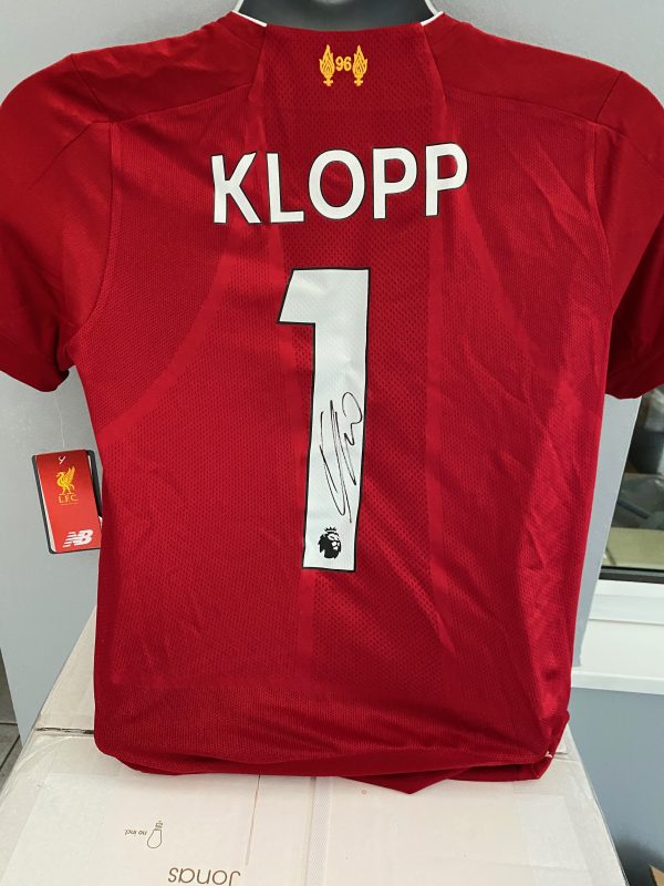 Liverpool Premier League Champions Embroidered 2018/19 0n front of shirt signed by Jürgen Klopp