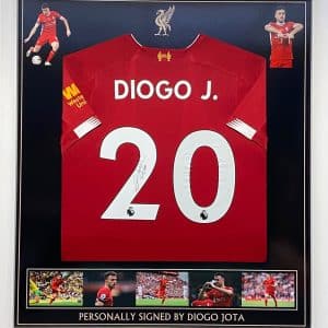 Liverpool  shirt 2020/2021 season in a quality white framed display signed by Diogo Jota