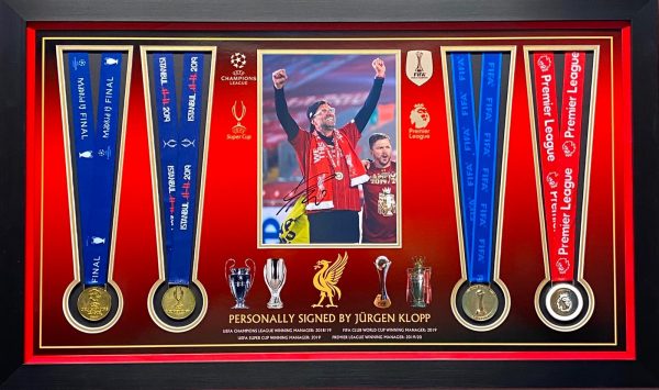 Liverpool Medal Montage Celebrating Cup Wins Fantastic item, includes 4 medals and Klopp signed picture , framed professionally