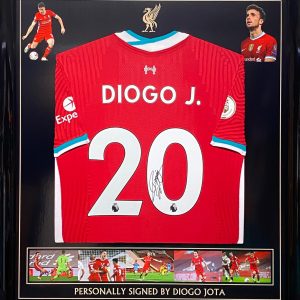 Liverpool  shirt 2020/2021 season in a quality black framed display signed by Diogo Jota