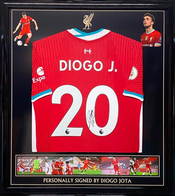 Liverpool  shirt 2020/2021 season in a quality black framed display signed by Diogo Jota