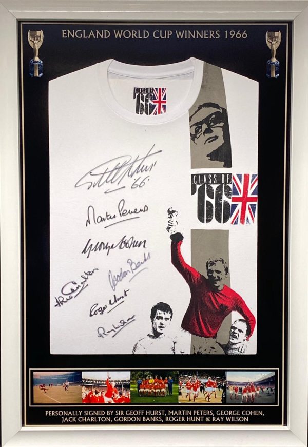 England 1966 World Cup Signed By 7 Retro T-Shirt and Photo Display framed