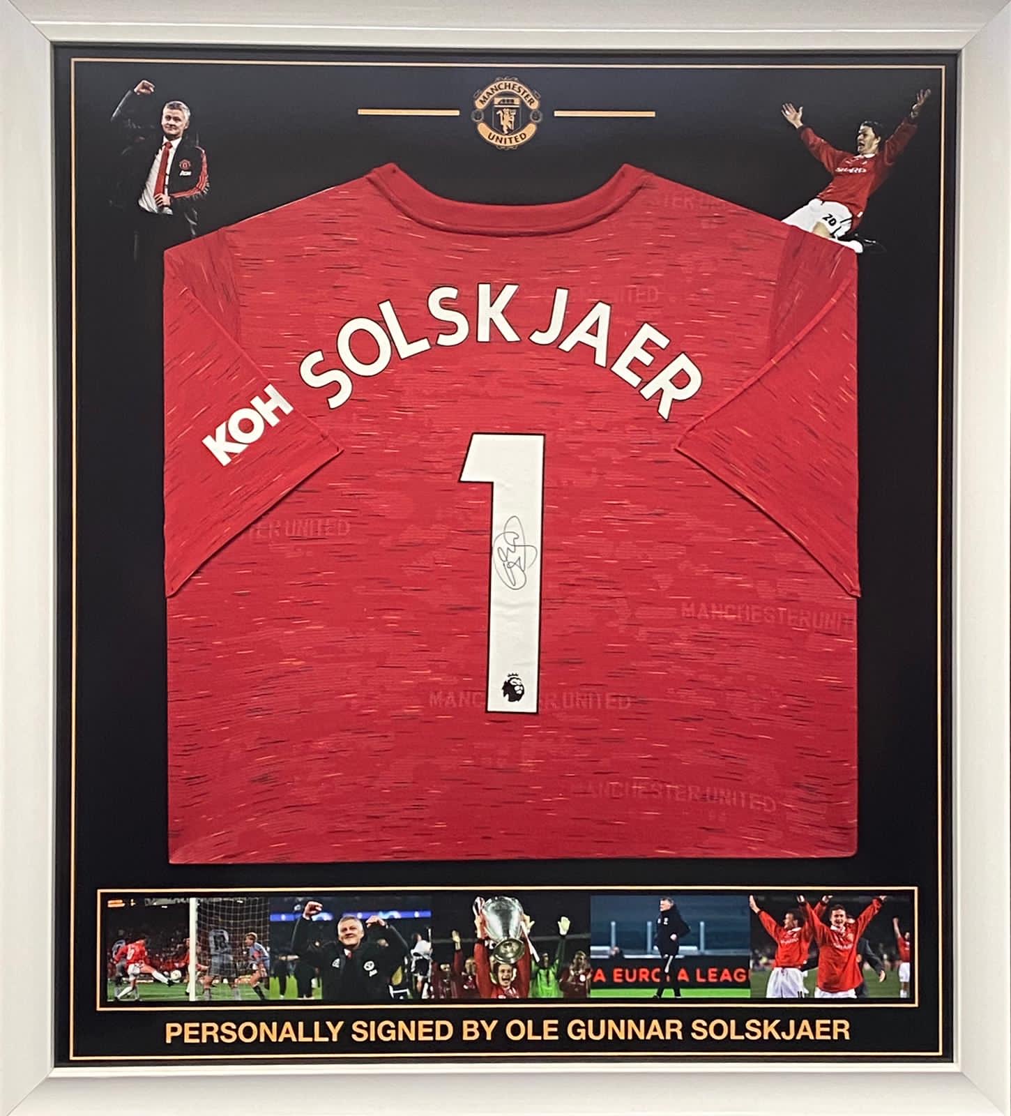 Man Utd Framed Shirt Montage of Celebrations Of Management & champions league final 1999 Signed by ole Gunnar solskjaer