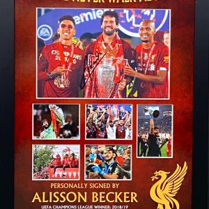 Liverpool Montage Celebrations of League and Cup wins signed by Allison Becker , Goalkeeper ,  framed