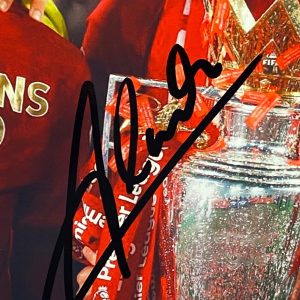 Liverpool Montage Celebrations of League and Cup wins signed by Allison Becker , Goalkeeper ,  framed