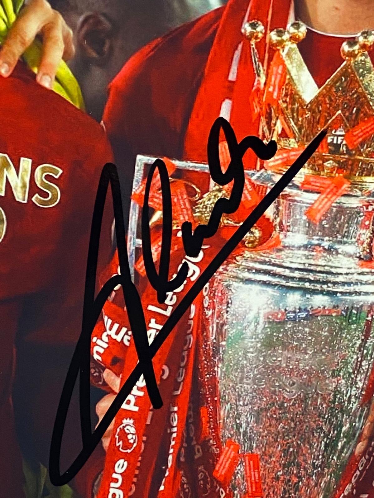 Liverpool Montage Celebrations of League and Cup wins signed by Allison Becker , Goalkeeper ,  framed