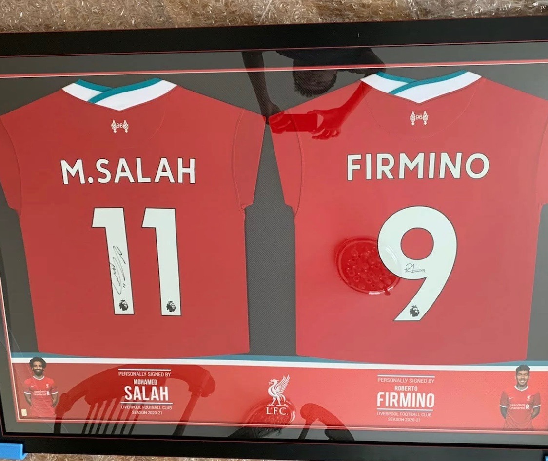 Liverpool Football Shirts Signed by Mohamed Salah, & Firmino 20/21 Dual  Professionally Framed