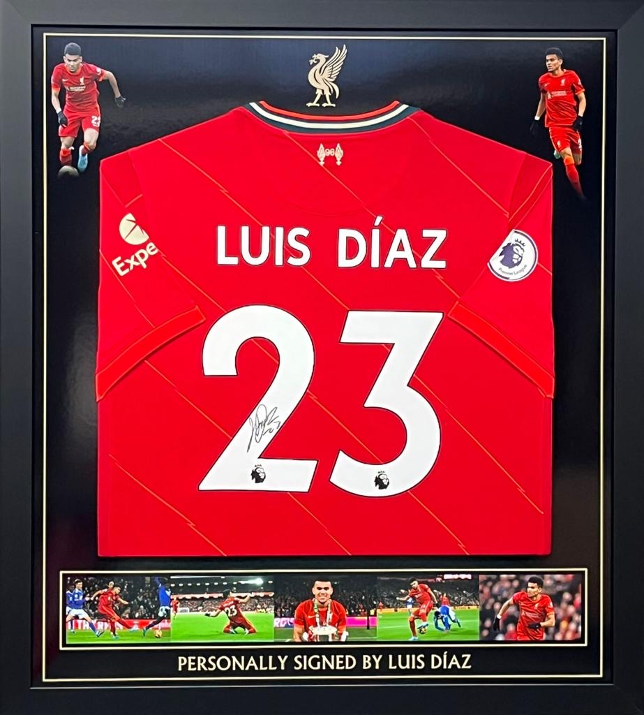Liverpool FC home shirt signed by Luis Diaz, professionally framed