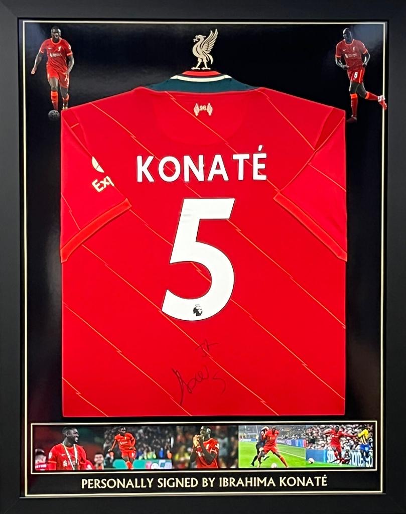 Liverpool FC home shirt signed by Konate , professionally framed