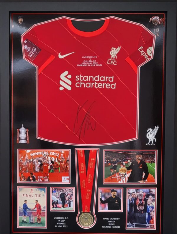 Professionally Framed Liverpool home shirt signed by Jürgen Klopp FA Cup Montage