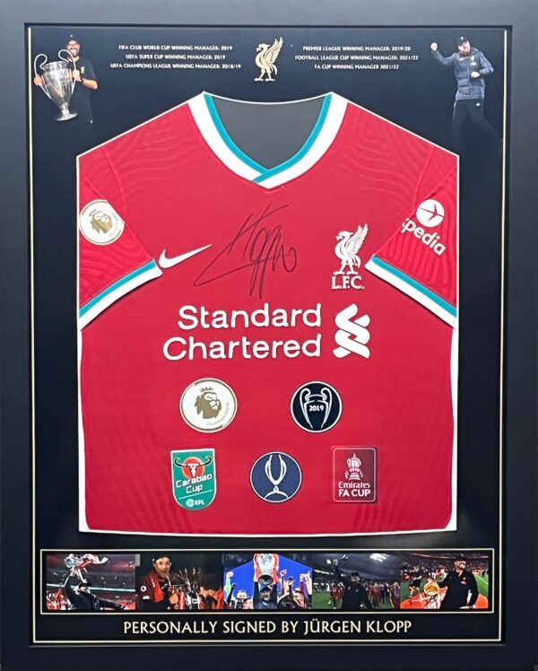 Liverpool  shirt signed With  Winners Badges by Jürgen Klopp  Framed Item