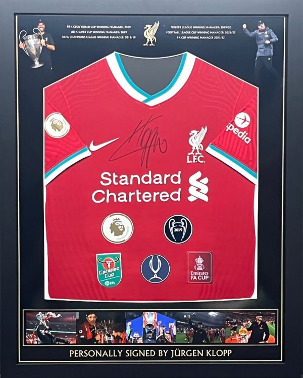 Liverpool  shirt signed With  Winners Badges by Jürgen Klopp  Framed Item