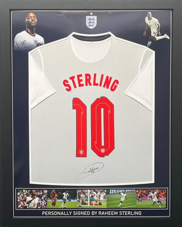 England Football Shirt Signed by Raheem Sterling, professionally framed