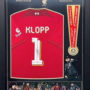 Liverpool Football Shirt signed by Jurgen Klopp , with Premier League medal framed.