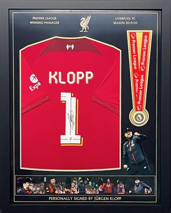 Liverpool Football Shirt signed by Jurgen Klopp , with Premier League medal framed.