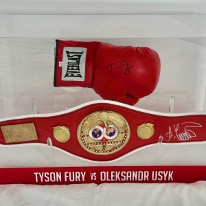 Usyk And Fury Hand signed IBF Mini Boxing Belt And Boxing  Glove In Display Case