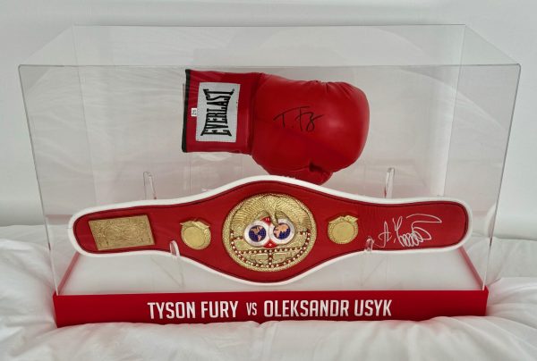 Usyk And Fury Hand signed IBF Mini Boxing Belt And Boxing  Glove In Display Case