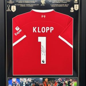 Framed Liverpool home shirt signed By Jürgen Klopp With All is Achievements