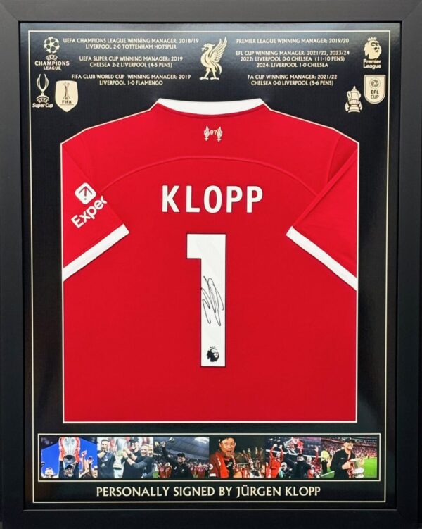 Framed Liverpool home shirt signed By Jürgen Klopp With All is Achievements