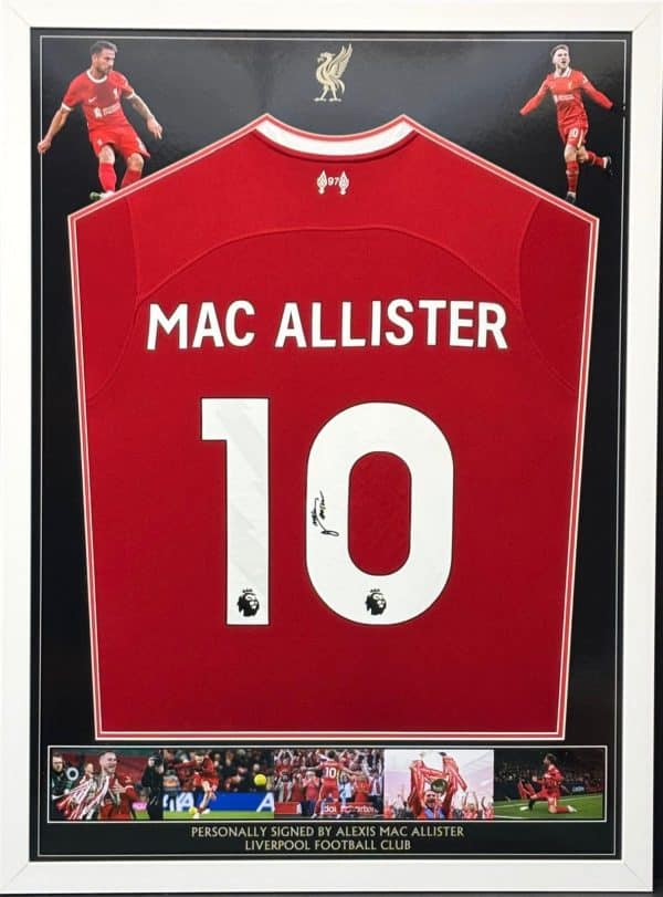 Liverpool FC home shirt signed by Alexis Mac Allister , professionally framed
