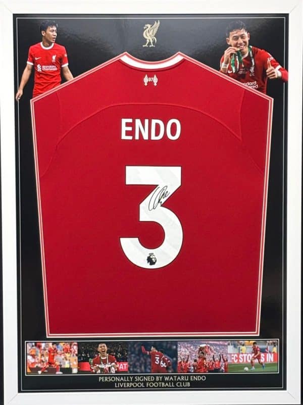 Liverpool FC home shirt signed by Endo, professionally framed